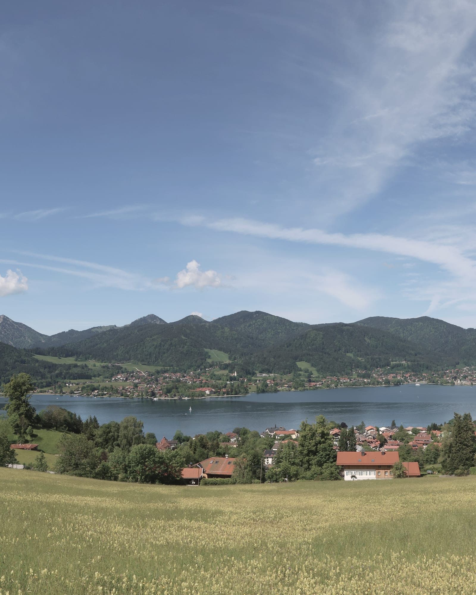 Frühlingswiese und Tegernsee unter blauem Himmel